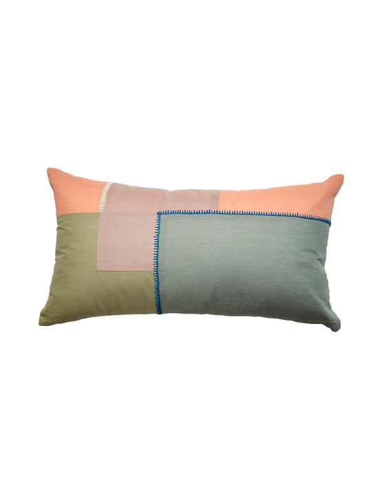 Multicolor Linen Cushion Cover- Patchwork with Hand Embroidered |12x12 inches,set of 1