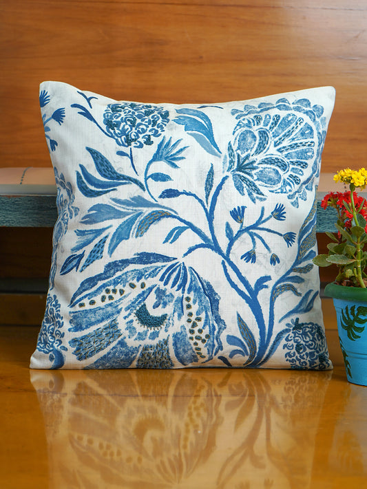Polyester Blend Cushion Cover- Digital and Hand Embroidered|Blue|16x16 inch,set of 1