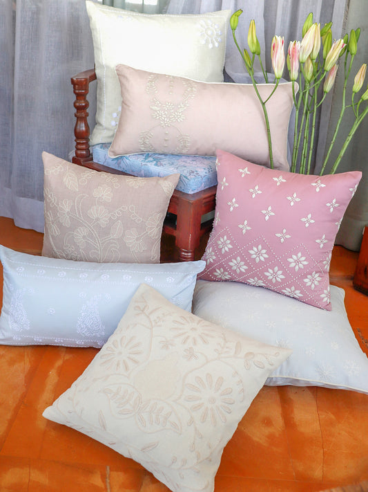 Hand Embroidered Luxe Collection Cushion Covers with Floral Pattern, Jhali and Cord Piping | Multi 16x16, 18x18, 20x20, 12x22 Inches (Set of 7)