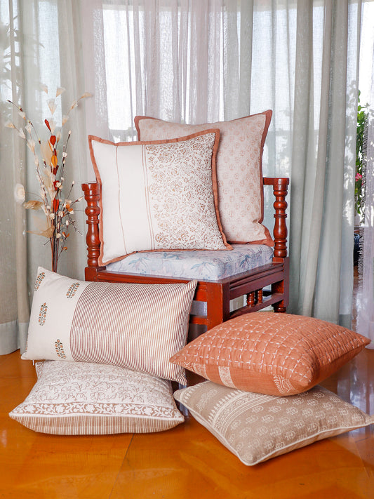Block Printed Luxe Collection Cushoin Covers with Flange Border | Beige - 16x16, 18x18, 20x20, 12x22 inches (Set of 6)