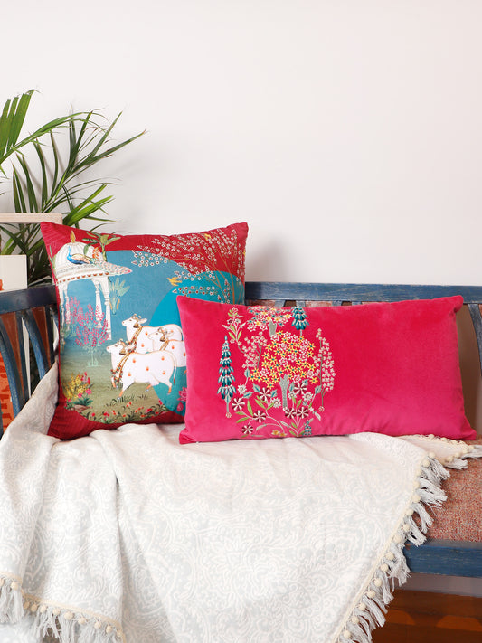 Pichwai Collection of Hand Embroidered Cushion Covers | Cow, Trees Multicolor, Velvet 18 inches X 18 inches, 12 inches X 22 inches (Set of 2)