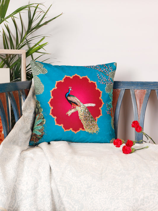 Pichwai Collection of Hand Embroidered Cushion Covers | Palm Tree Peacock Multicolor, Velvet 16 inches X 16 inches, 18 inches X 18 inches (Set of 2)