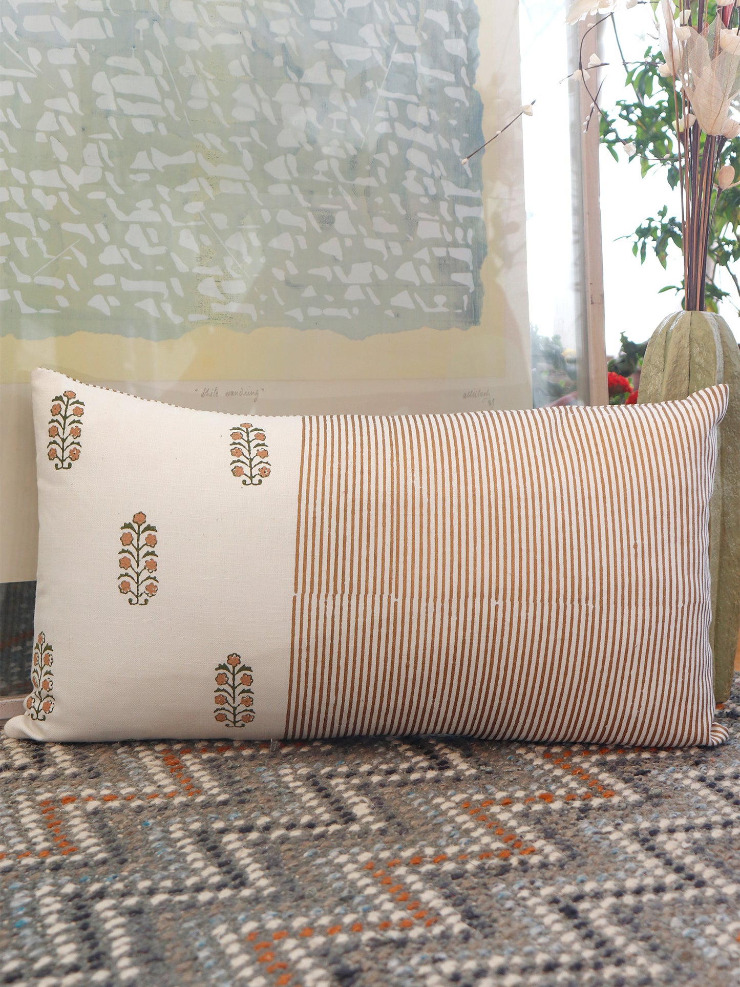Block Printed Cushion Cover | Stripes with Butti Cotton 12 x 22 inches