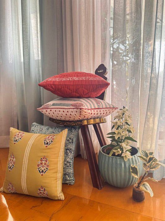 Hand Embroidered Luxe Collection Cushion Covers | Block Printing Coral - 16x16 Inches (Set of 4)