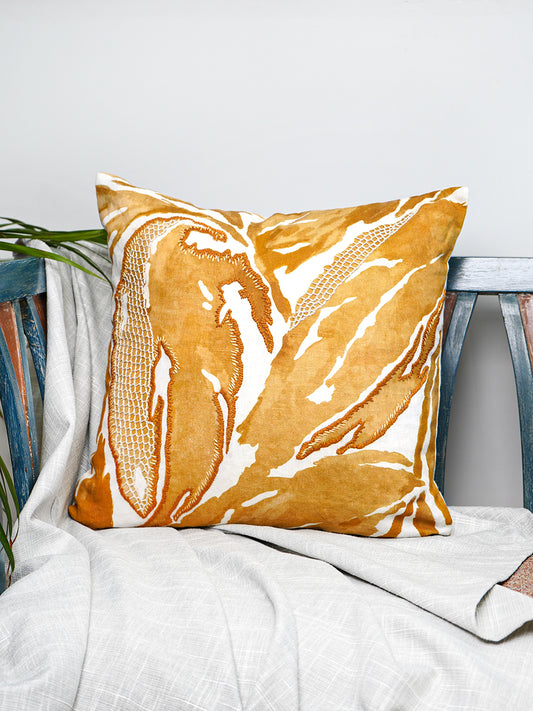 White Linen Cushion Cover - Hand and digital print, 16x16 inches, Set of 1