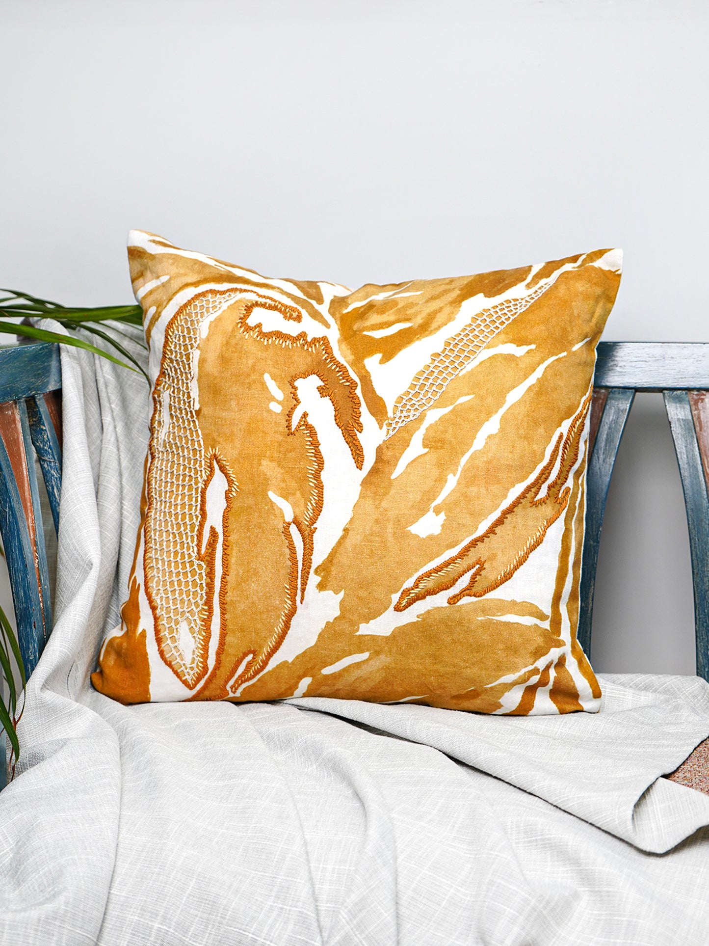 White Linen Cushion Cover - Hand and digital print, 16x16 inches, Set of 1