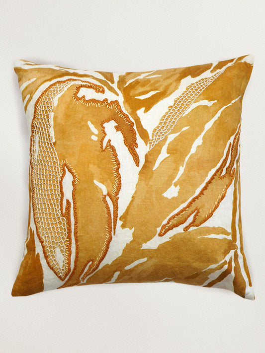 White Linen Cushion Cover - Hand and digital print, 16x16 inches, Set of 1