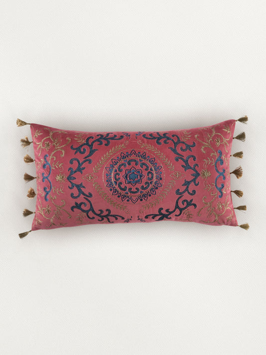 Hand Embroidered Cushion Cover 12 Inch x 22 Inch | Red | Velvet