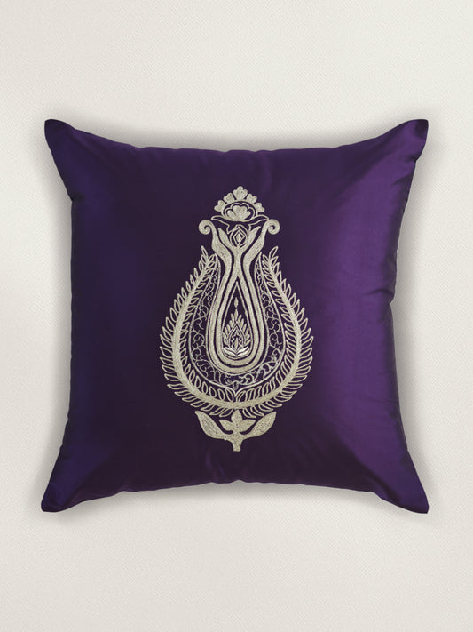 Aari Embroidered 100% Polyester Cushion Cover | 16 Inch x 16 Inch | Purple