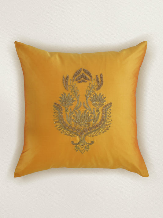 Aari Embroidered 100% Polyester Cushion Cover | 16 Inch x 16 Inch | Yellow
