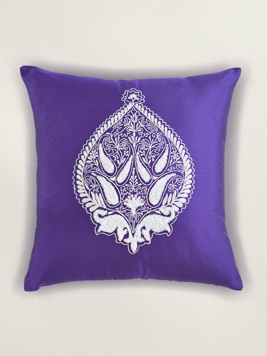 Aari Embroidered 100% Polyester Cushion Cover | 16 Inch x 16 Inch | Purple