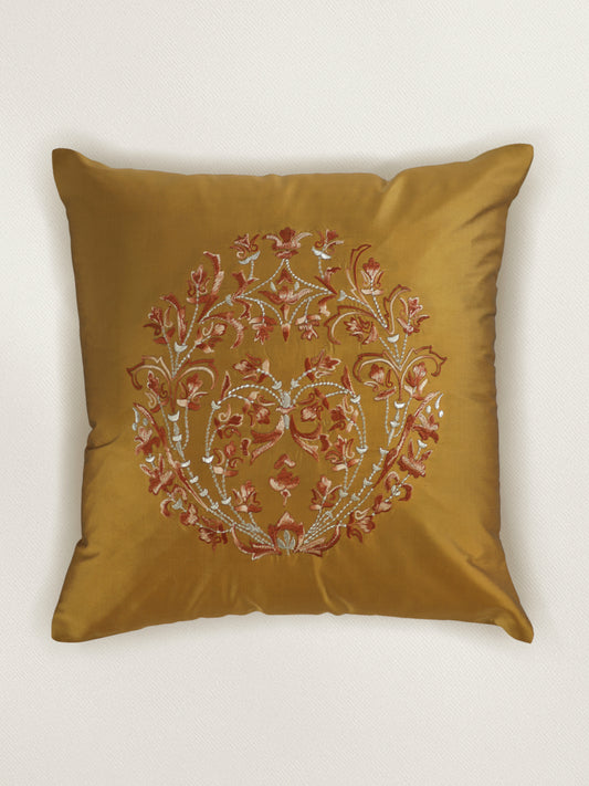 Embroidered 100% Polyester Cushion Cover | 16 Inch x 16 Inch | Golden