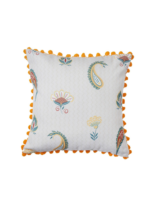 Cushion Cover for Sofa, Bed | PolyCanvas with Floral Prints & Pompoms | Off White - 12x12in(30x30cm) (Pack of 1)