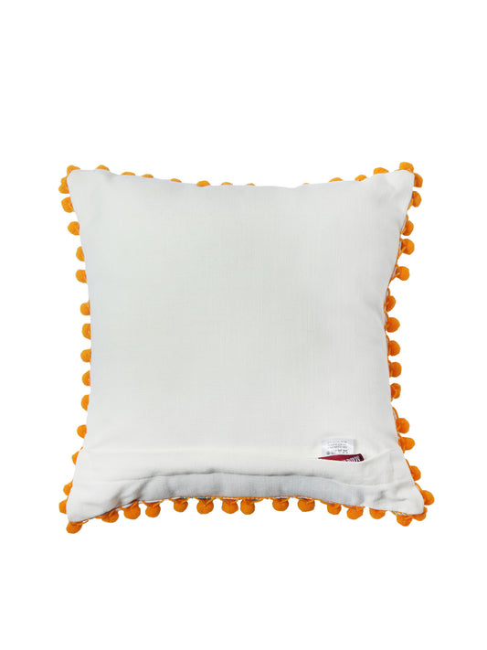 Cushion Cover for Sofa, Bed | PolyCanvas with Floral Prints & Pompoms | Off White - 12x12in(30x30cm) (Pack of 1)