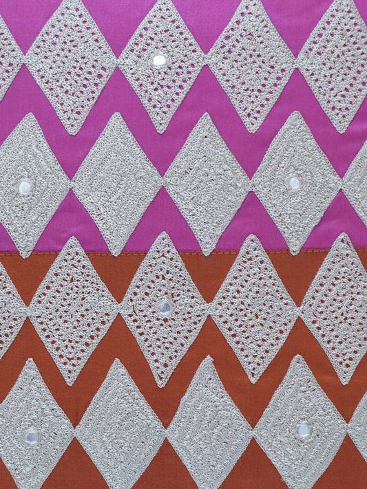 Embroidered Taffeta Patchwork Cushion Cover 16 Inch x 16 Inch | Pink & Brown