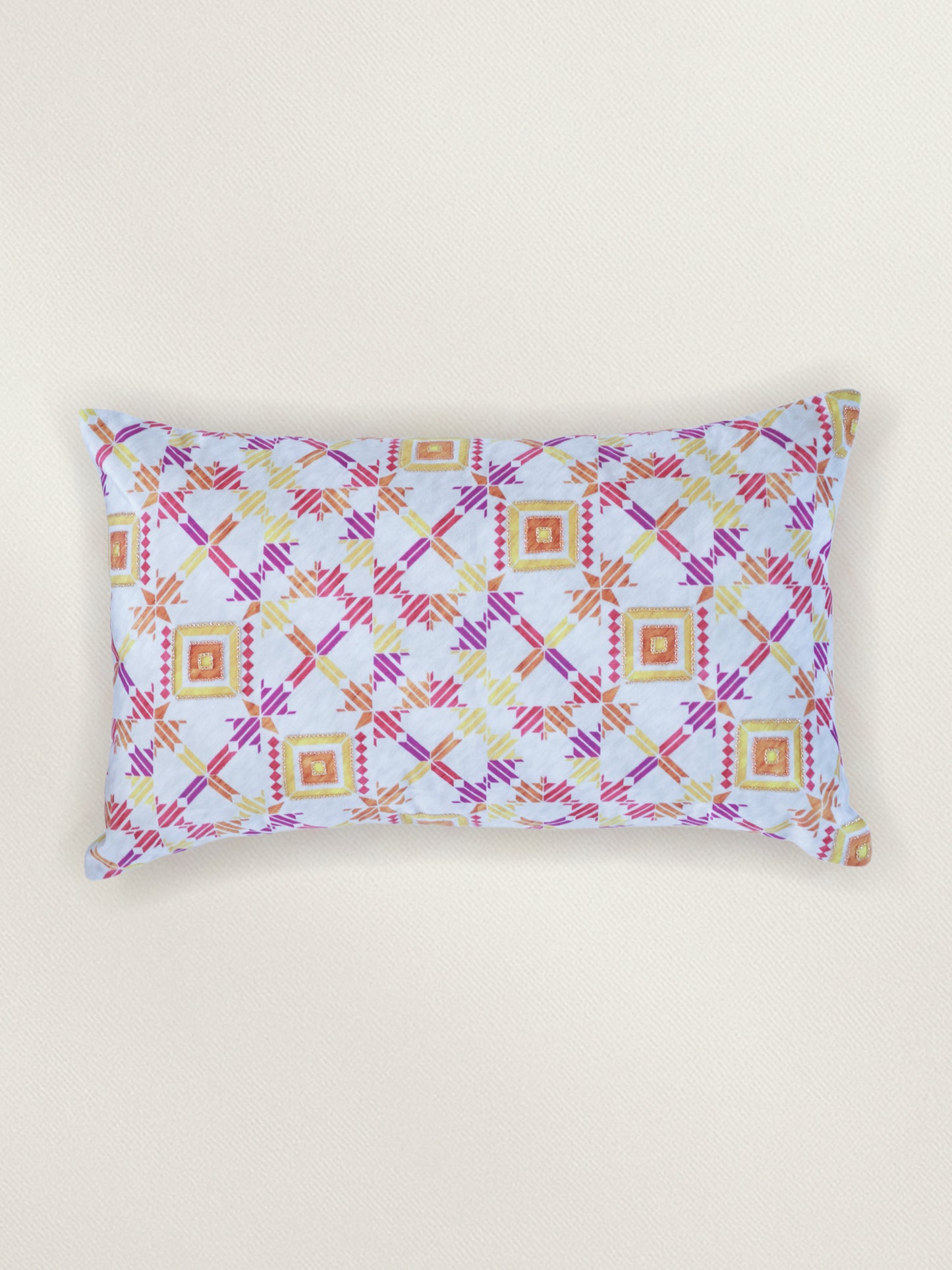Hand Embroidered Velvet cushion cover 12x20inch, Printed, Pink & Yellow