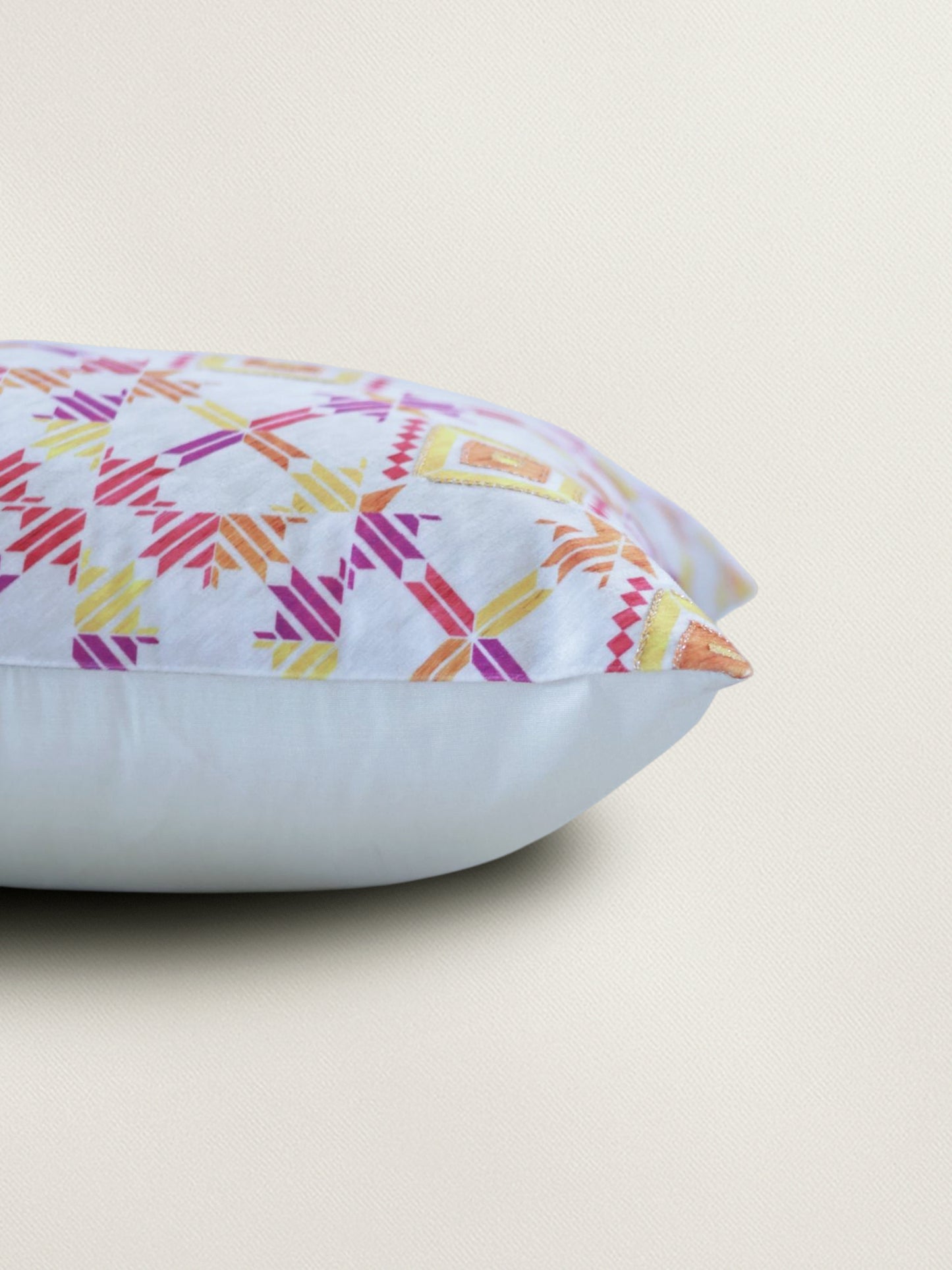 Hand Embroidered Velvet cushion cover 12x20inch, Printed, Pink & Yellow