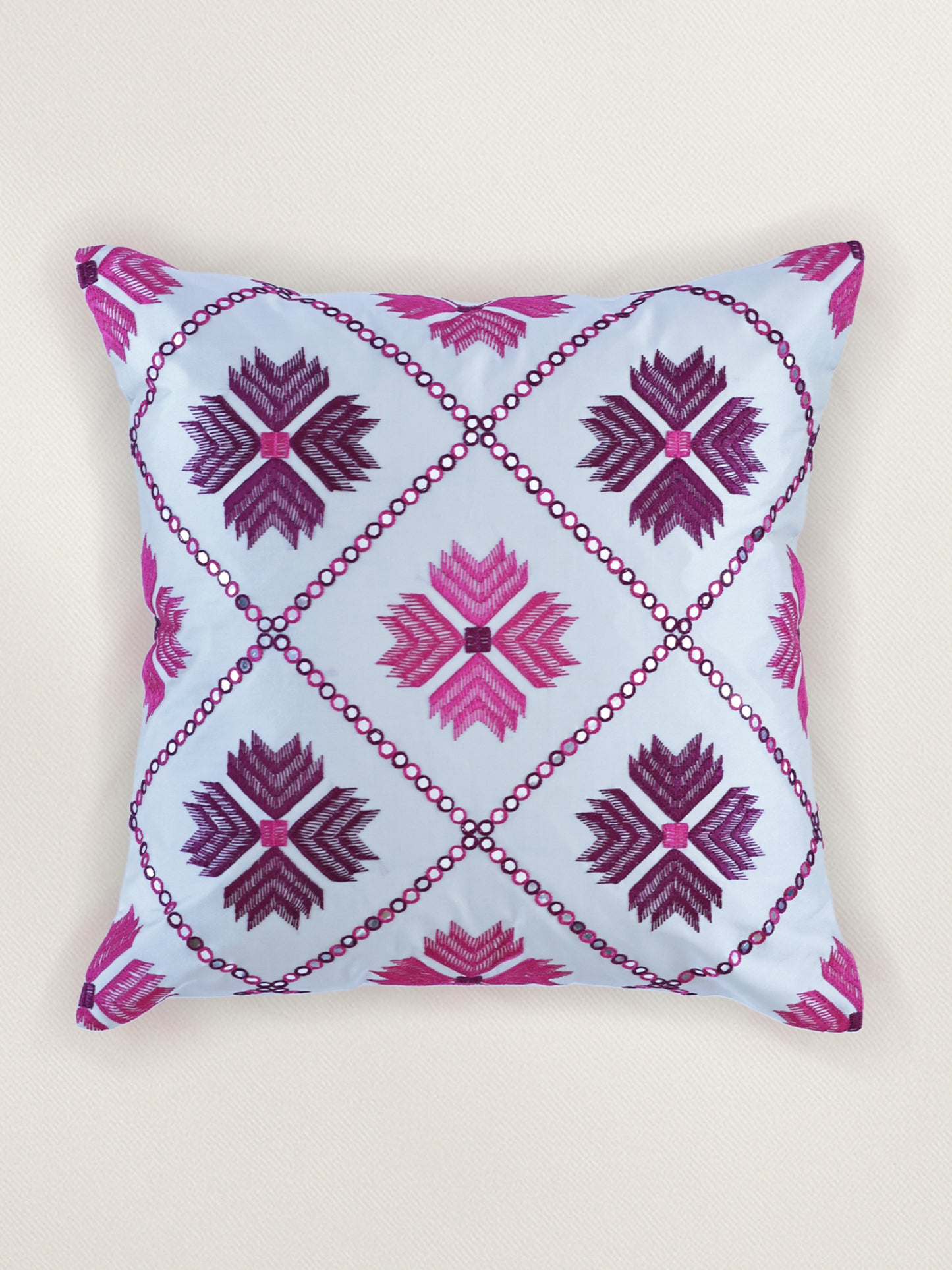 Hand Embroidered Taffeta Cushion Cover 16x16 Inch, Pink