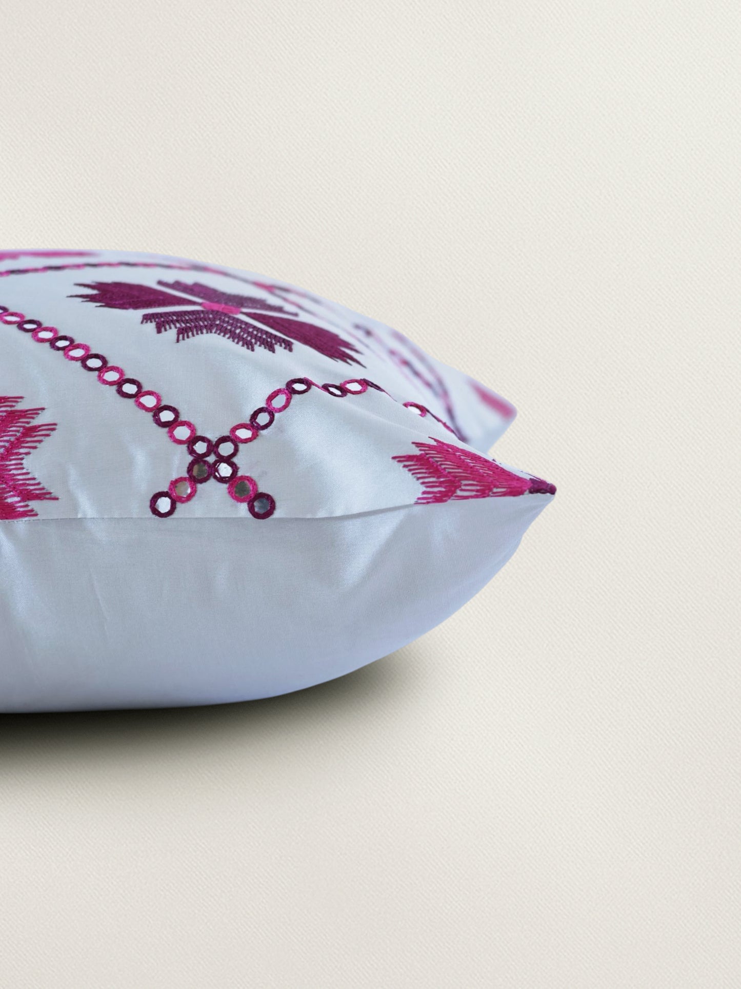Hand Embroidered Taffeta Cushion Cover 16x16 Inch, Pink