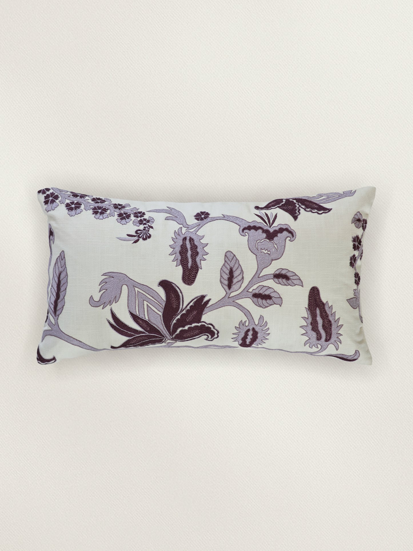 Polycotton Embroidered Cushion Cover 12x22inch, Cream & Purple