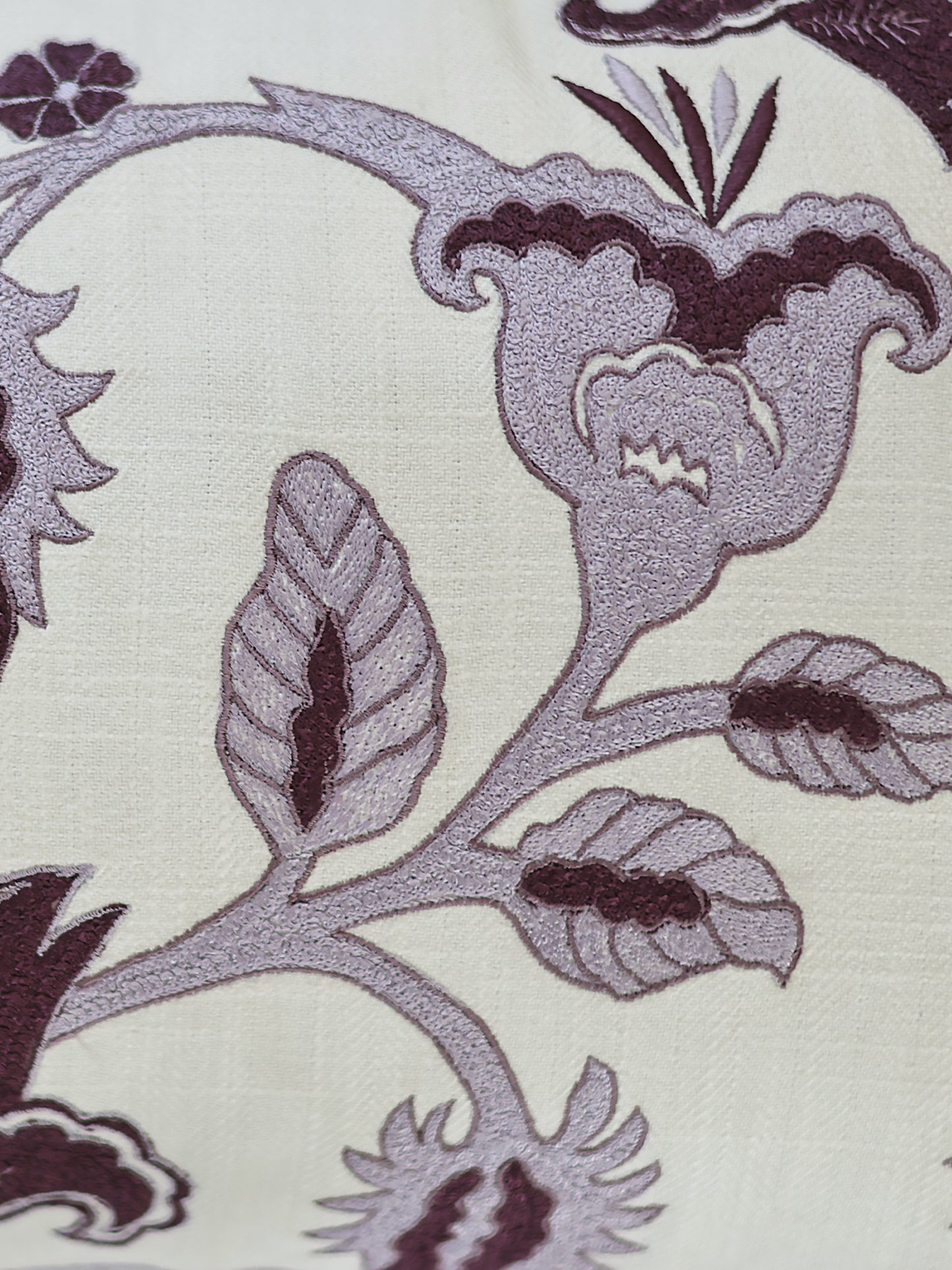 Polycotton Embroidered Cushion Cover 12x22inch, Cream & Purple