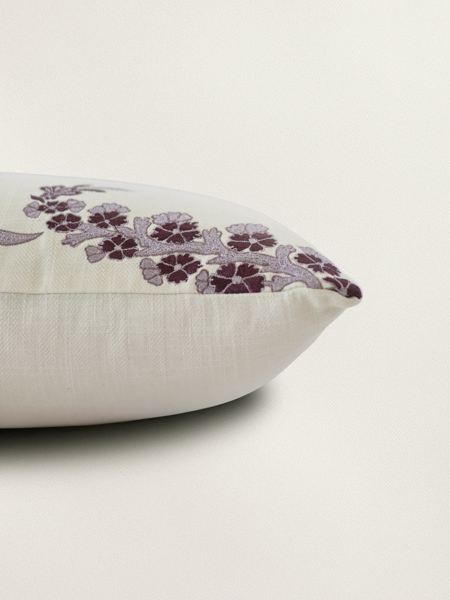 Polycotton Embroidered Cushion Cover 12x22inch, Cream & Purple