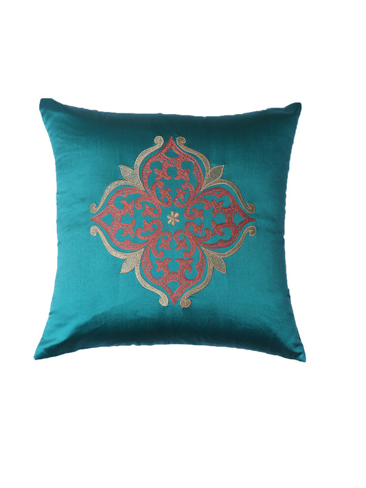Cushion Cover for Sofa, Bed | Polyester | Motif Embroidery | Teal - 16x16in(40x40cm) (Pack of 1)