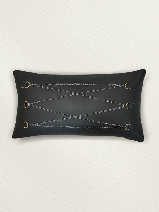 Leather Buckle Detail | 12 x 22 Black Cushion Cover