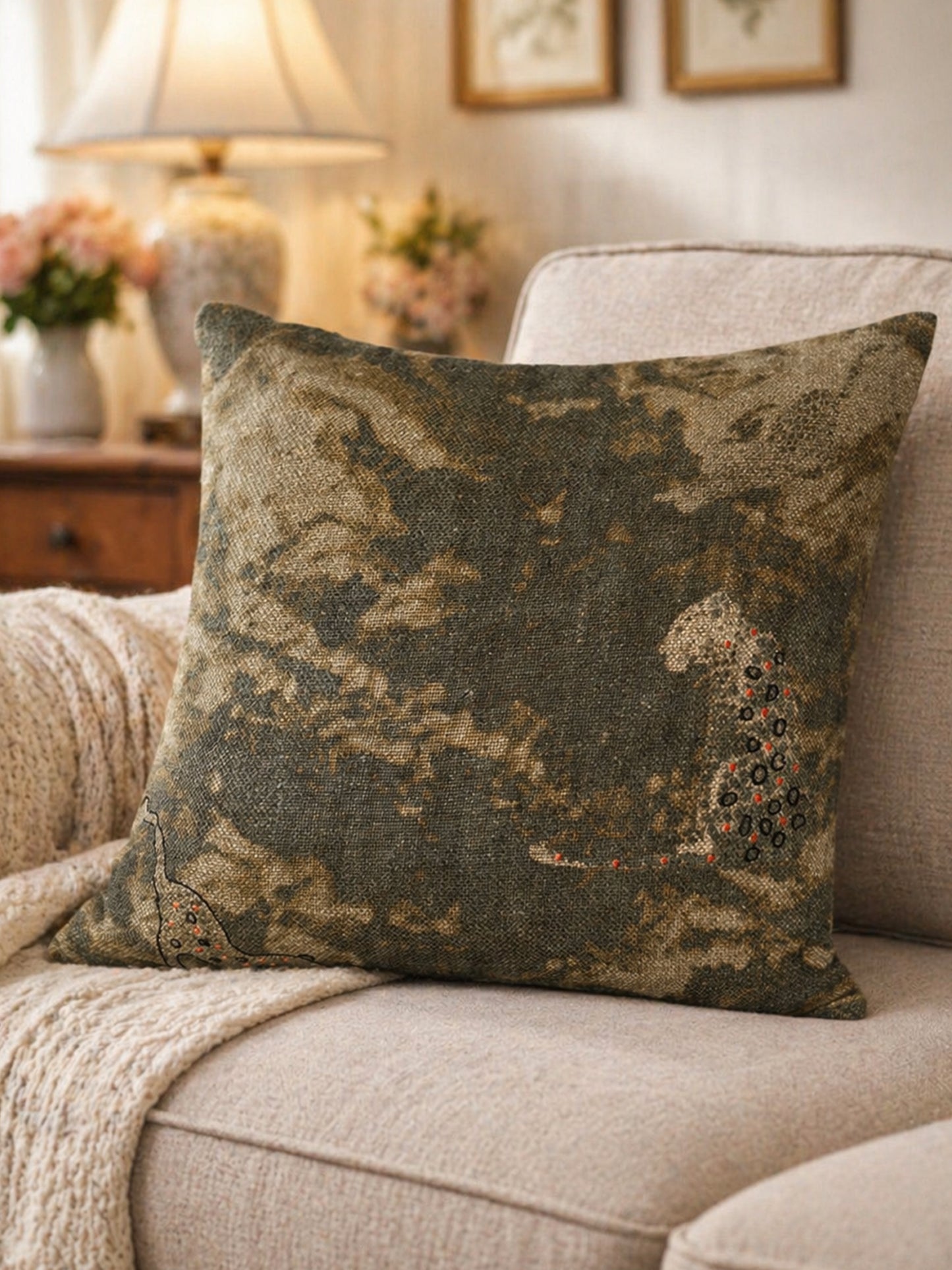 Rustic Embroidered 16 x 16 inch Linen Cushion Cover