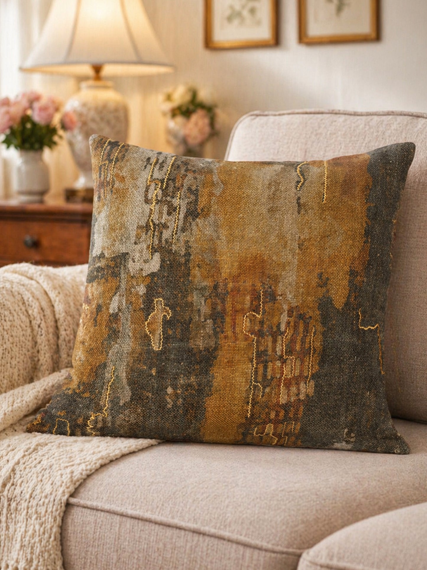 Abstract Printed & Embroidered | 16 x 16 inch Linen Cushion Cover
