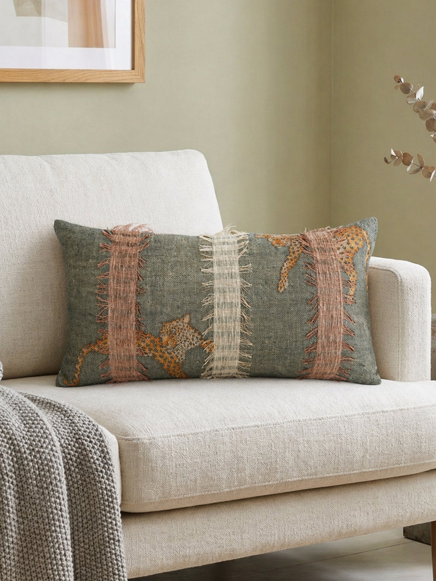 Applique Embroidered | 12 x 22 inch Linen Cushion Cover