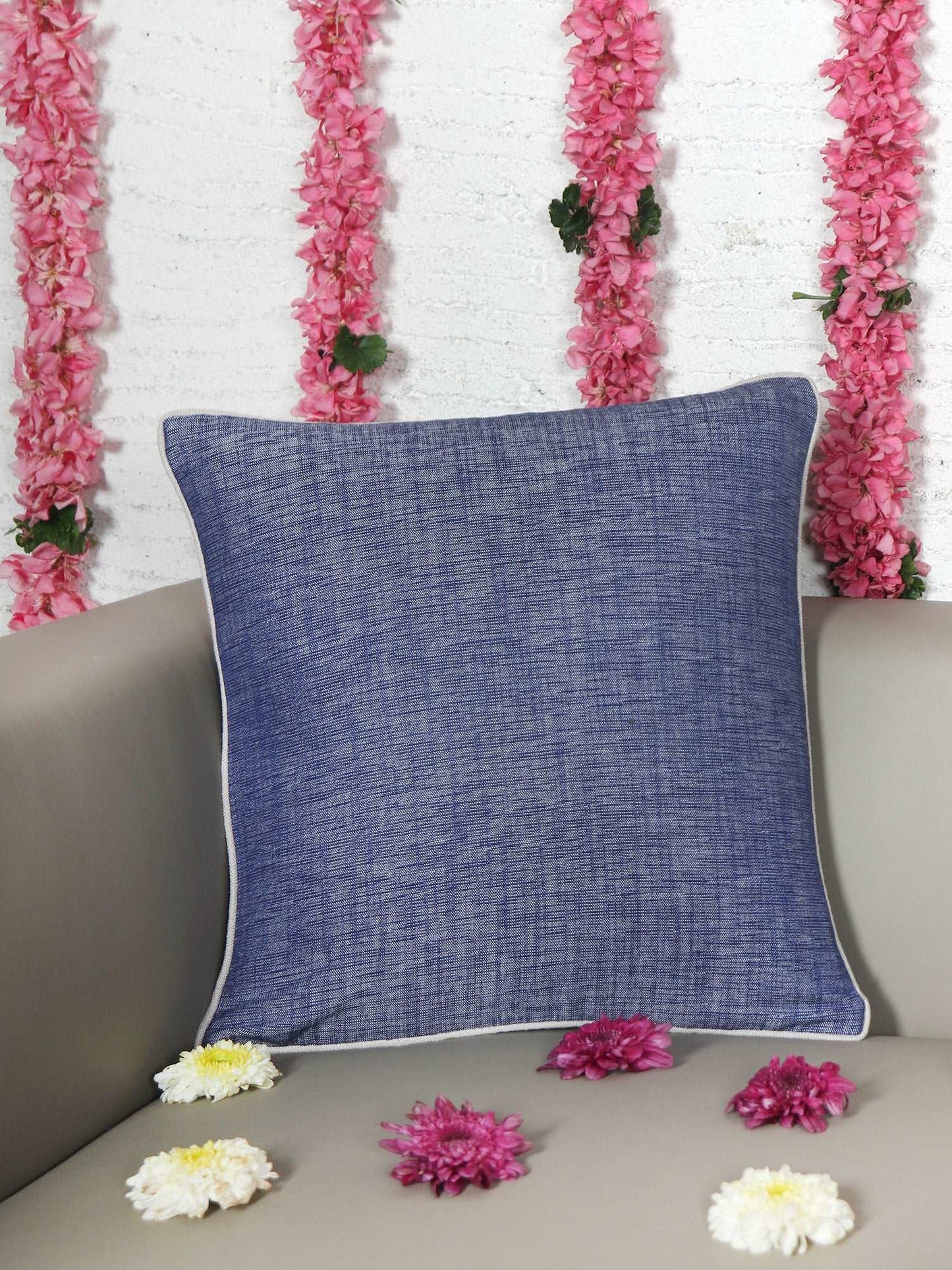 Cushion Cover for Sofa, Bed Cotton Blend with Cord Piping | Blue - 16x16in(40x40cm) (Pack of 1)
