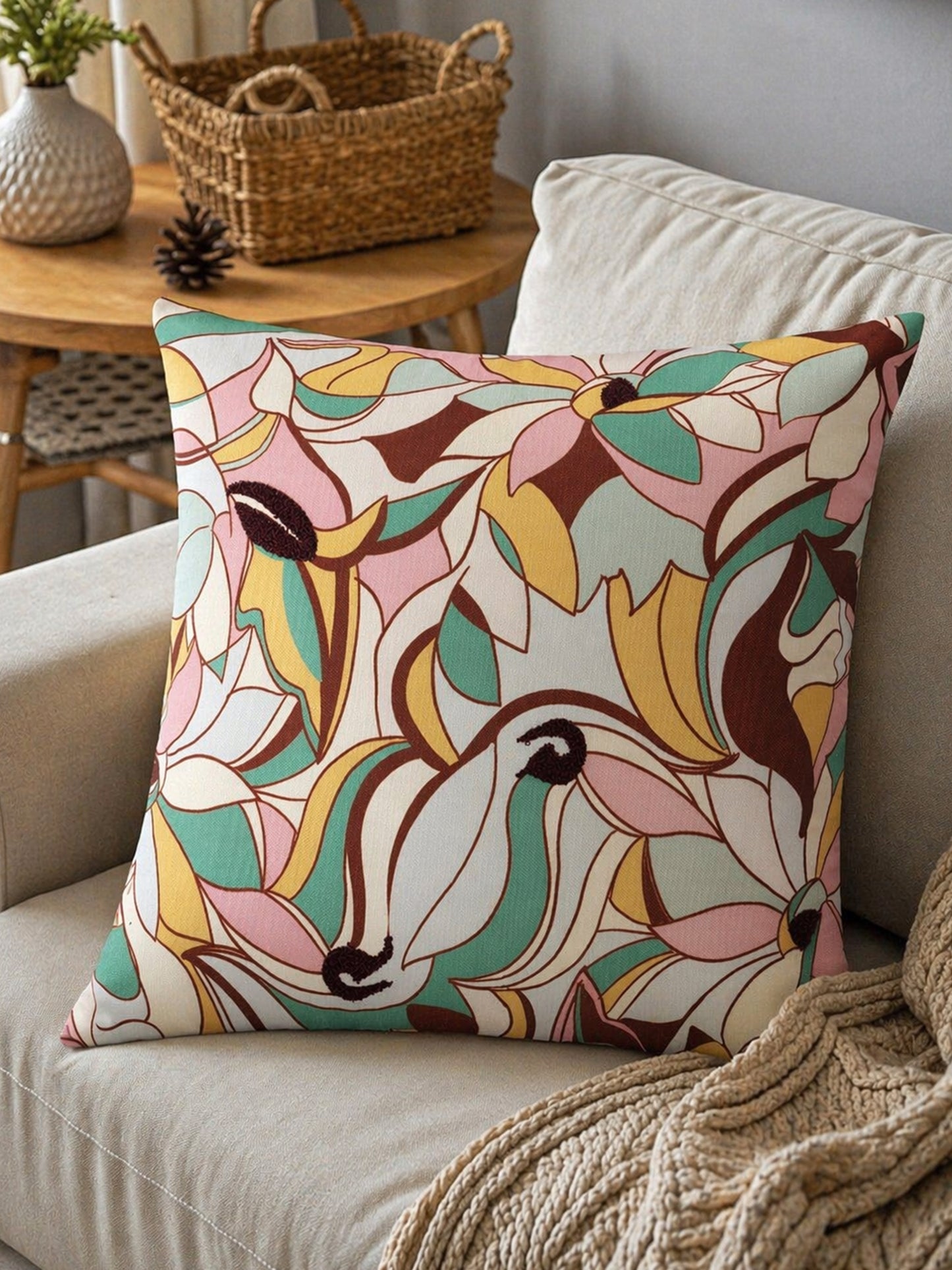 Abstract Printed & Embroidered | 16 x 16 inch | Spring Summer Cushion Cover