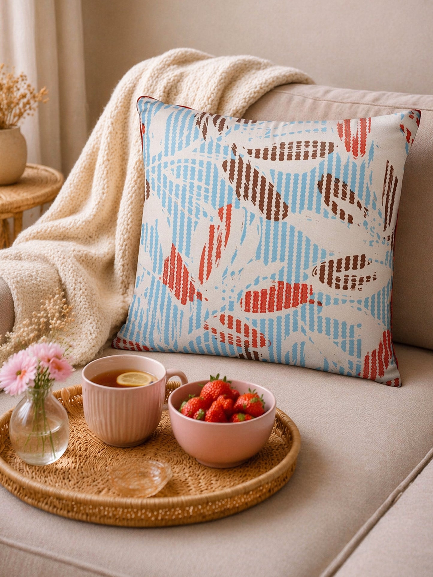 Floral Embroidered & Printed Reversible 16 x 16 inch | Spring Summer Cushion Cover