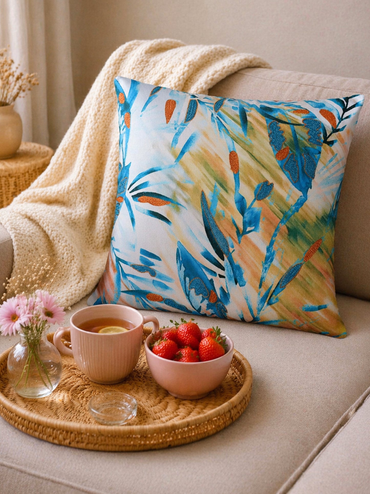 Blue Leaf Printed & Embroidered Reversible |16 x 16 inch| Spring Summer Cushion Cover