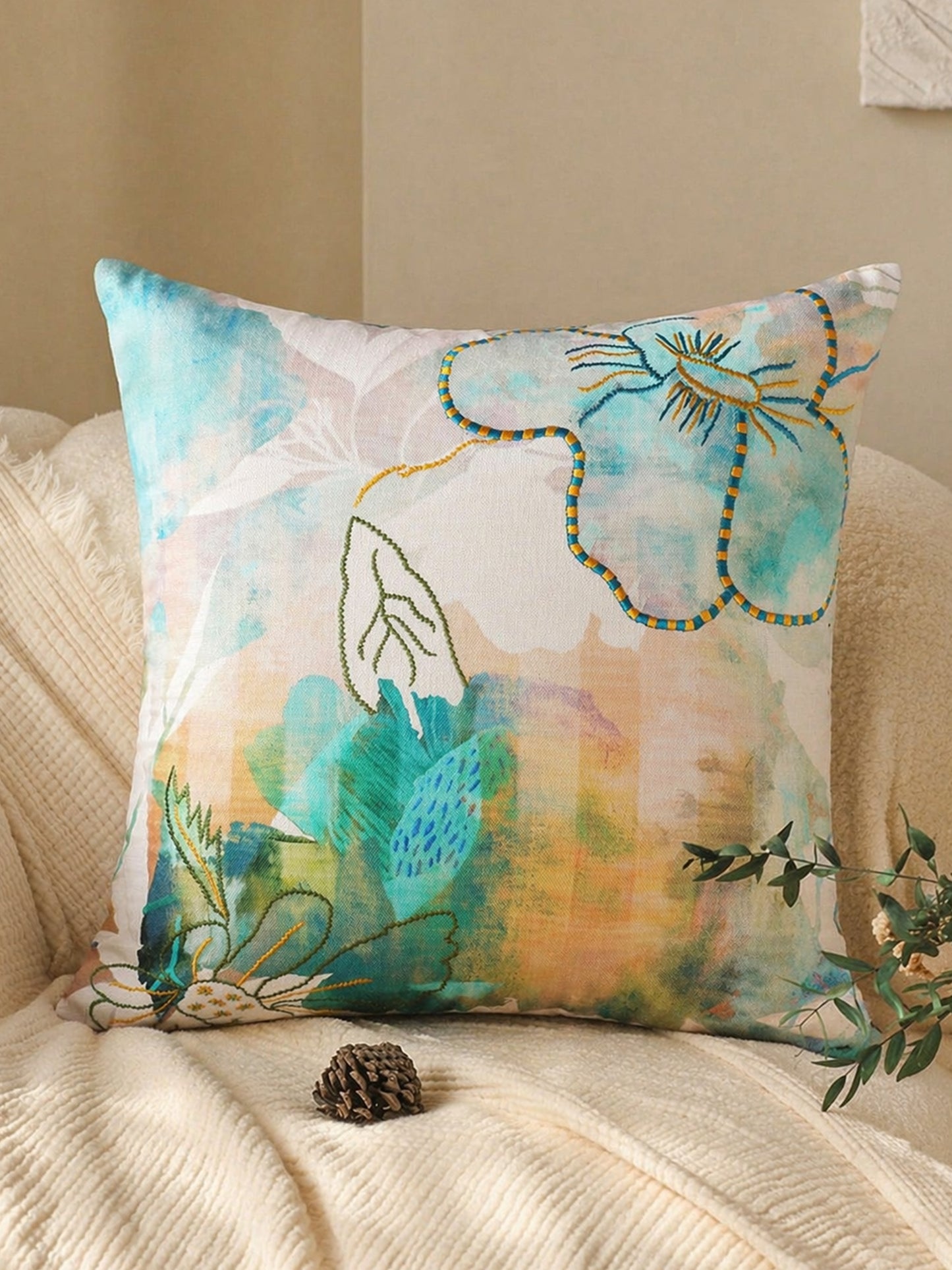 Floral Printed & Embroidered Reversible |16 x 16| Spring Summer Cushion Cover