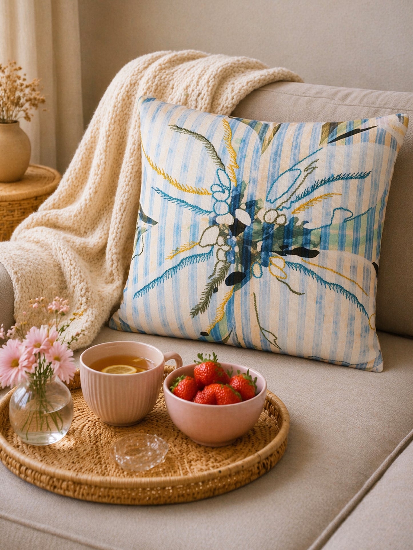 Blue & Beige Floral Printed Reversible | 16 x 16 inch| Spring Summer Cushion Cover