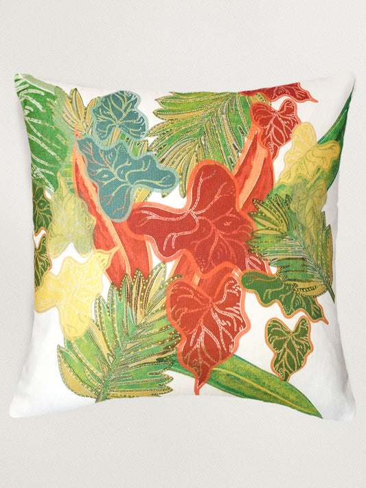 Leaf Embroidered Taka Reversible| 16 x 16 inch | Spring Summer Cushion Cover