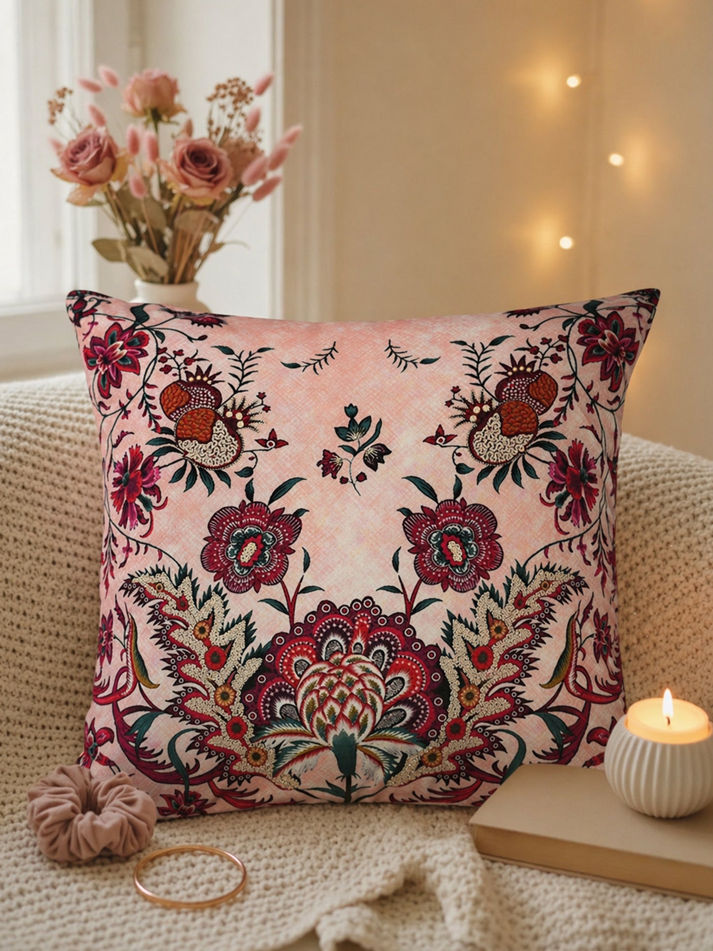 Floral Embroidered & Printed 18 x 18 inch | Velvet Cushion Cover
