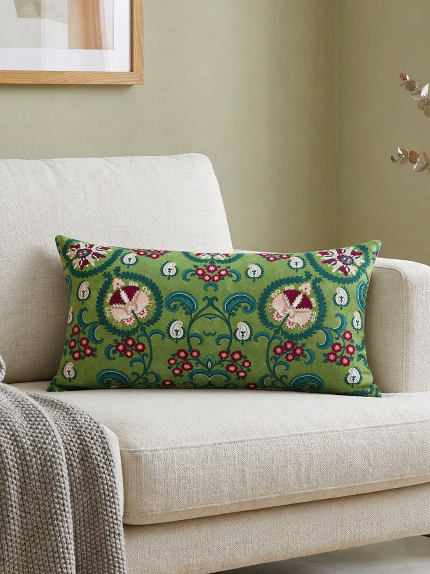 Paisley Embroidered & Printed | 12 x 22 inch Velvet Cushion Cover