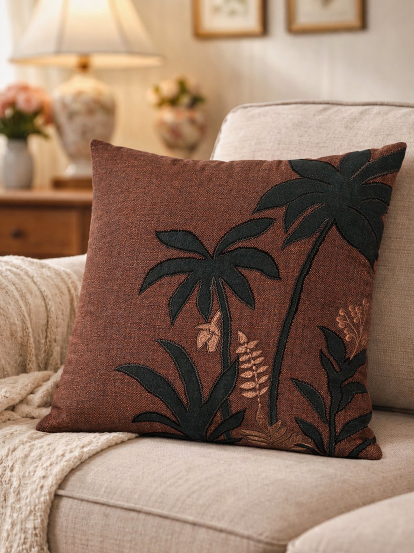 Brown Palm Tree Embroidered | 16 x 16 inch Polycotton Cushion Cover