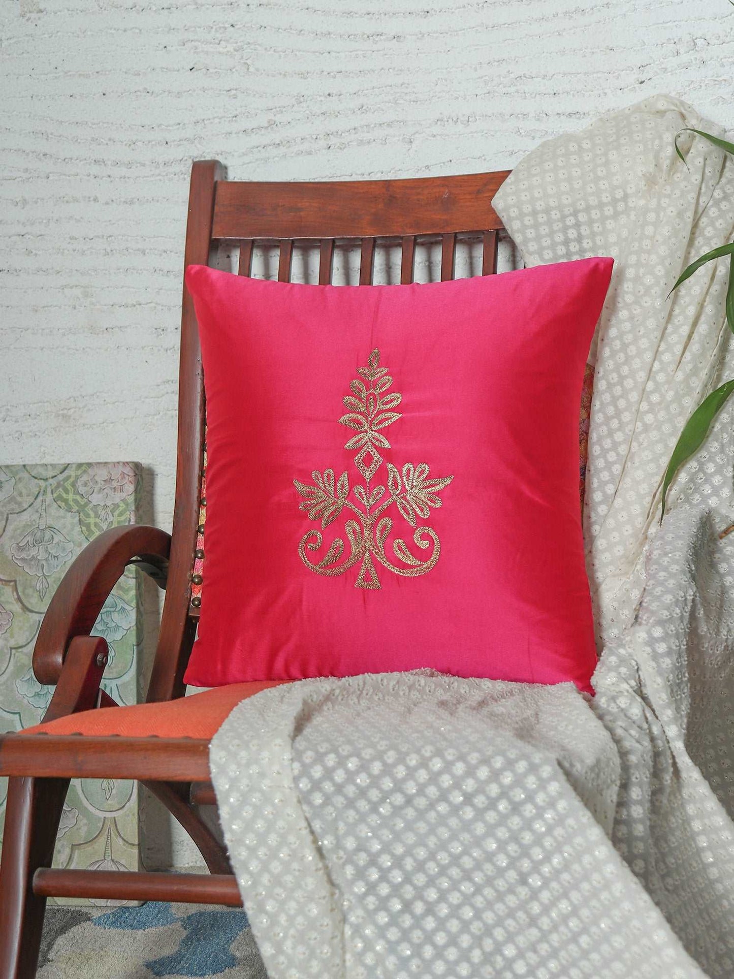 Cushion Cover for Sofa, Bed Polyester Motif Embroidery | Pink - 16x16in(40x40cm) (Pack of 1)