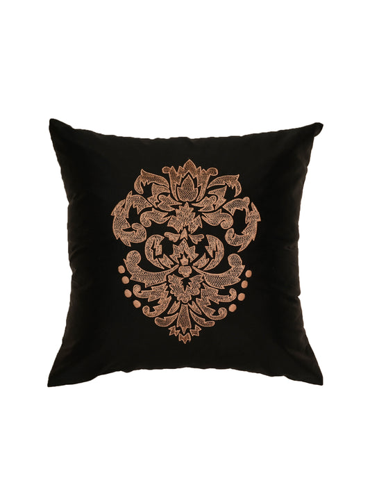 Embroidered Golden Motif | Pitch Black Cushion Cover | Standard 16 Inch x 16 Inch | Durable Polyester Fabric