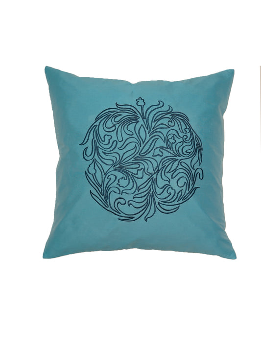 Embroidered Black Motif | Aquatic Blue Cushion Cover | Standard 16 Inch x 16 Inch | Durable Polyester Fabric