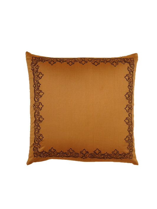 Embroidered Brown Motif | 18 Karat Golden Cushion Cover | Standard 16 Inch x 16 Inch | Durable Polyester Fabric