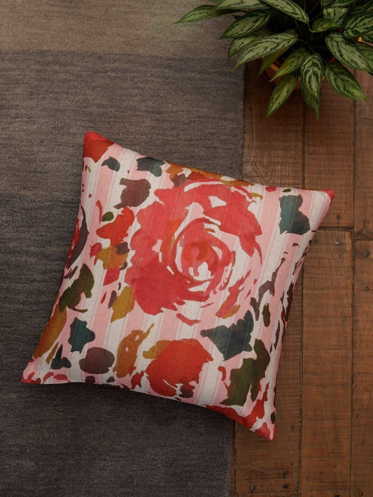 Cushion Cover Polycanvas Striped Floral Rose Multi - 16" X 16"