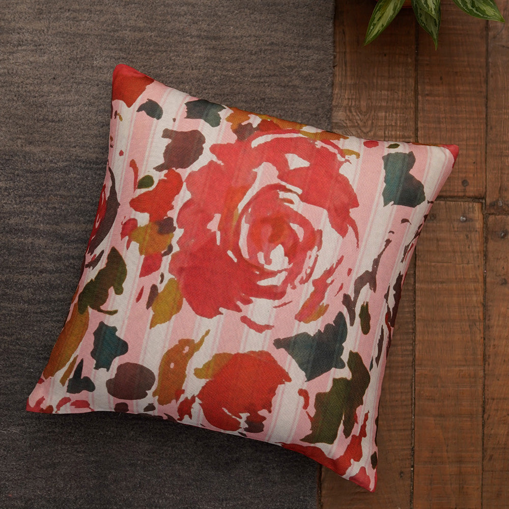 Cushion Cover Poly-Canvas Striped Floral Rose Multi | 16" X 16" Inch