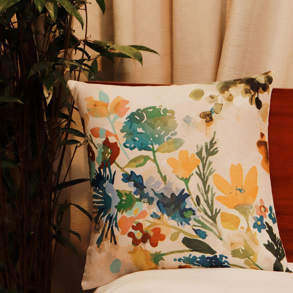 Cushion Cover Printed Poly Canvas Watercolor Florals Beige - 16"x16"
