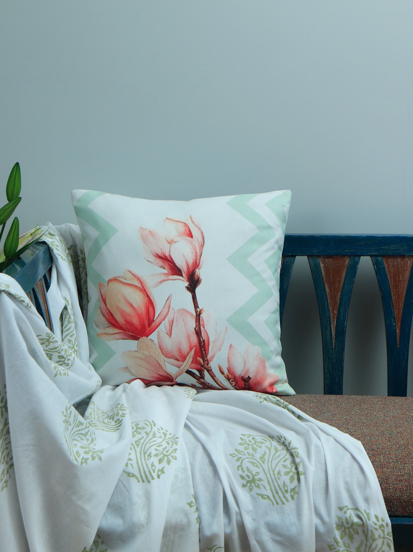 Digital Printed Cushion Cover Floral Green & Pink - 16" X 16" Inch