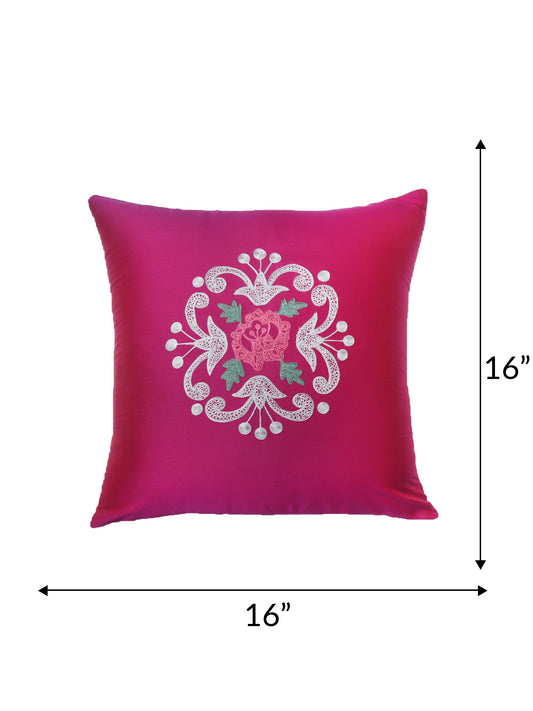 Cushion Cover for Sofa, Bed Polyester Floral Embroidery | Pink - 16x16in(40x40cm) (Pack of 1)